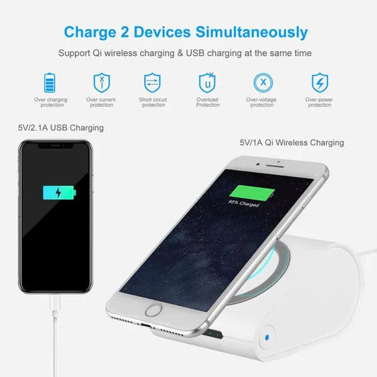 Wireless charging pad with smartphone and tablet, highlighting charging capabilities and protection features.