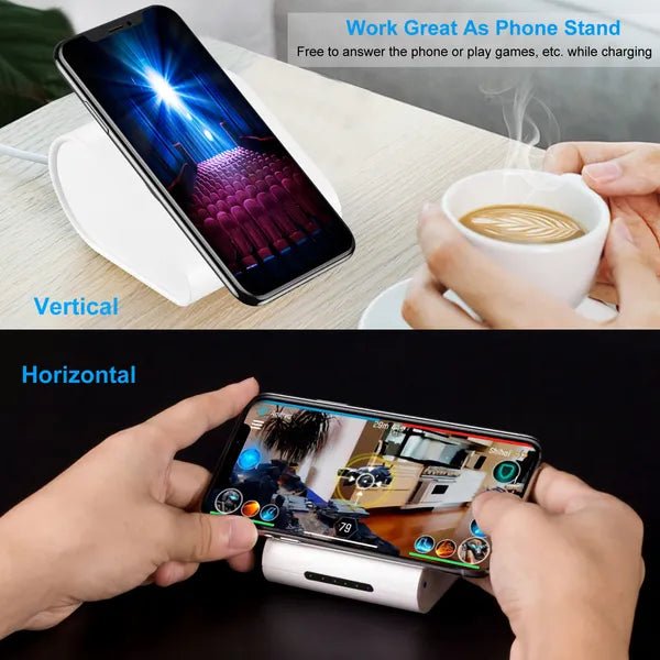 Phone stand with smartphone on a table, person holding a cup of coffee, and another person playing a game on a smartphone.