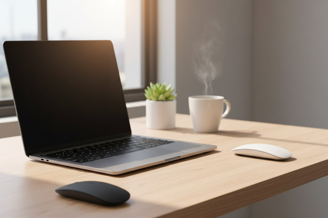 Laptop on a wooden desk with a cup of coffee, mouse, and plant in the background.
