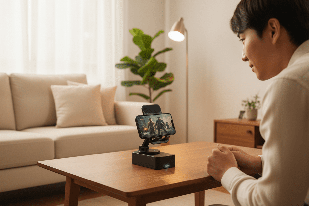Person using a smartphone with a screen magnifier on a table in a living room.