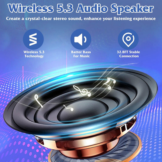 Wireless 5.3 audio speaker with features on a blue background