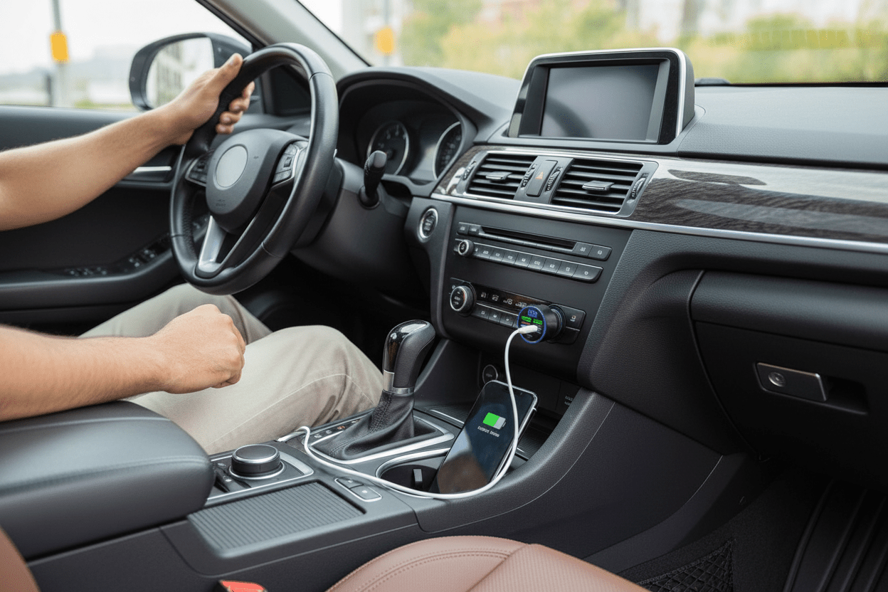 Car interior with a person driving, showing the dashboard and steering wheel.