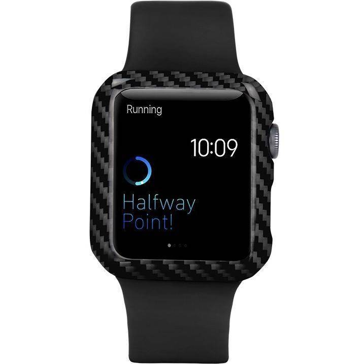 Smartwatch with a black carbon fiber case and band on a white background