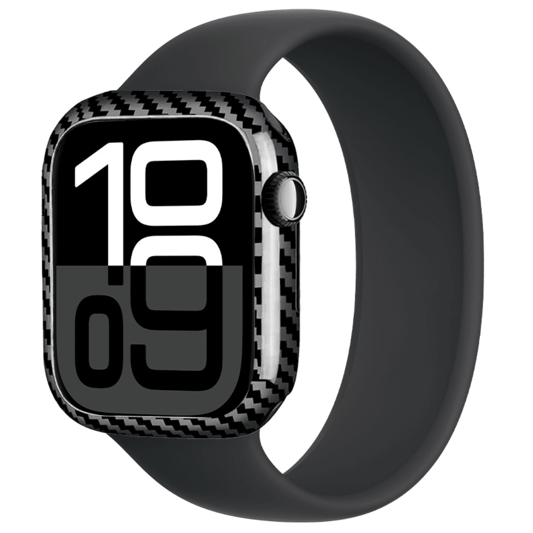Smartwatch with a black carbon fiber case and black band on a white background