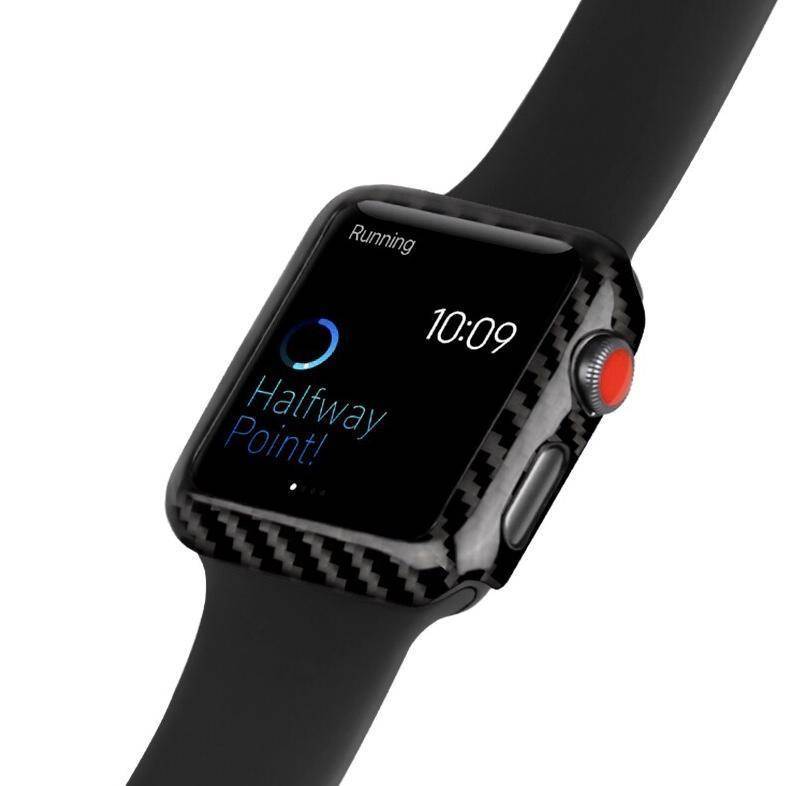 Smartwatch with a carbon fiber case and black strap on a white background