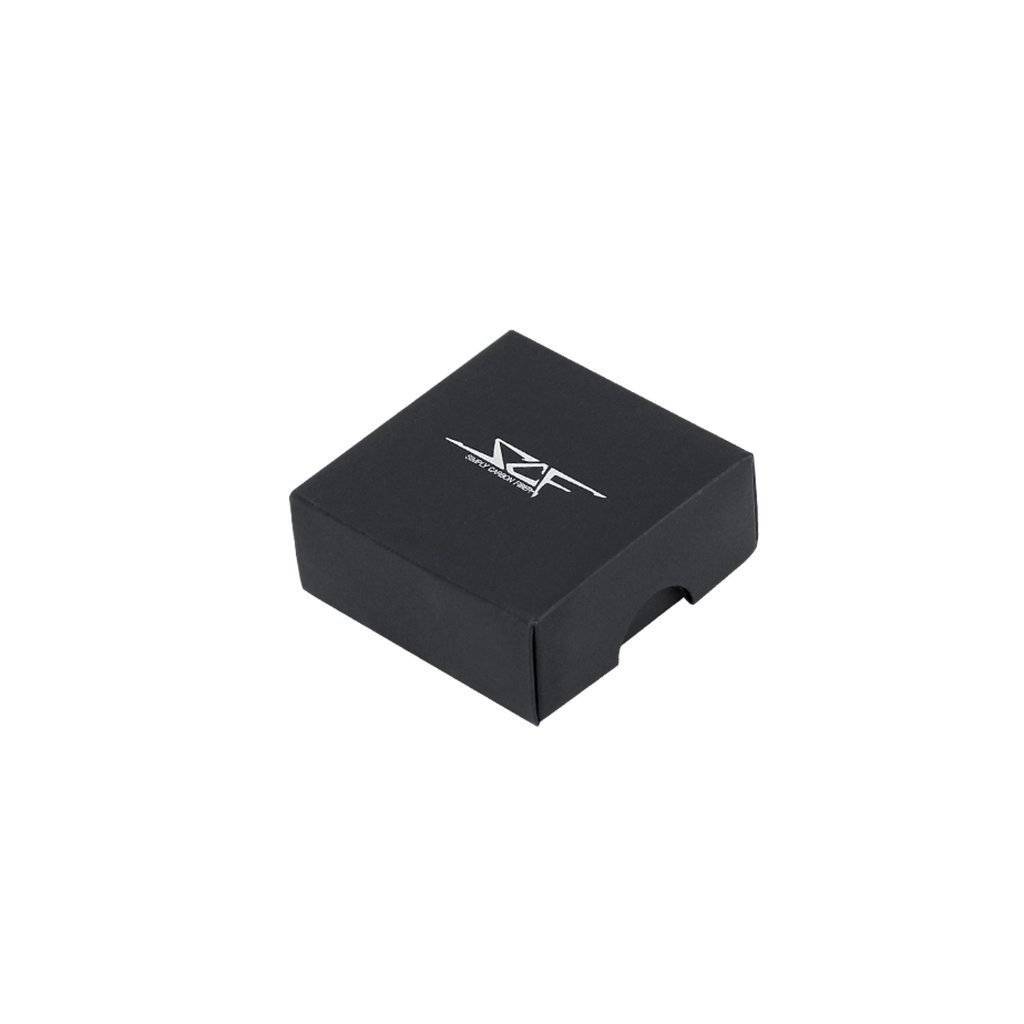 Black rectangular box with a logo on a white background