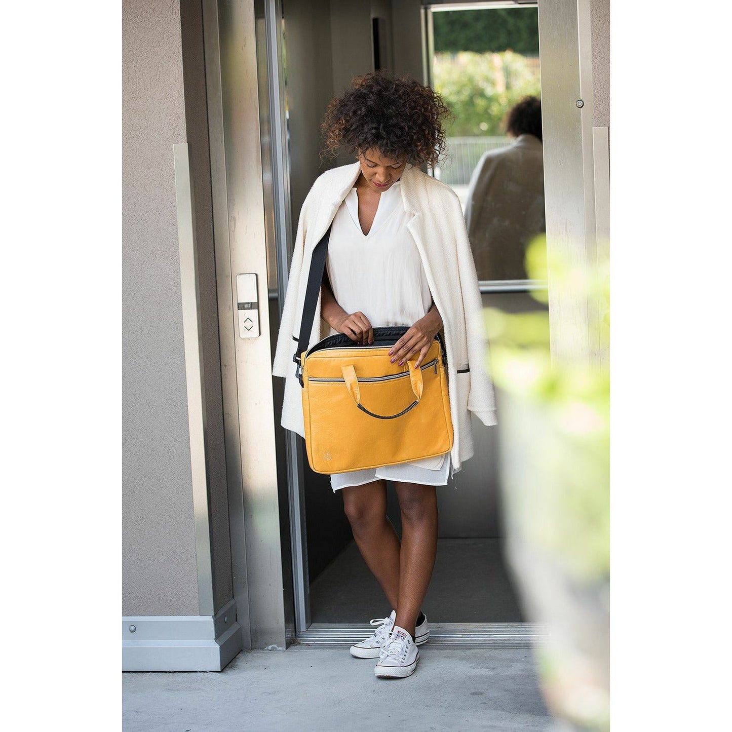 Leader Laptop Bag made from 100% recycled content and vegan leather - Mustard/Black - Reby Bazaar