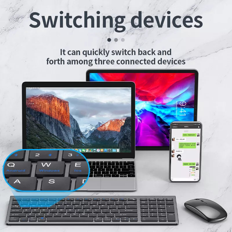 Laptop, tablet, smartphone, and keyboard on a light gray background with text about switching devices.