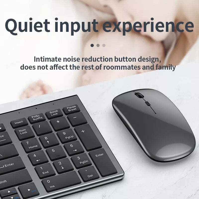Keyboard and mouse set with text about noise reduction on a light background