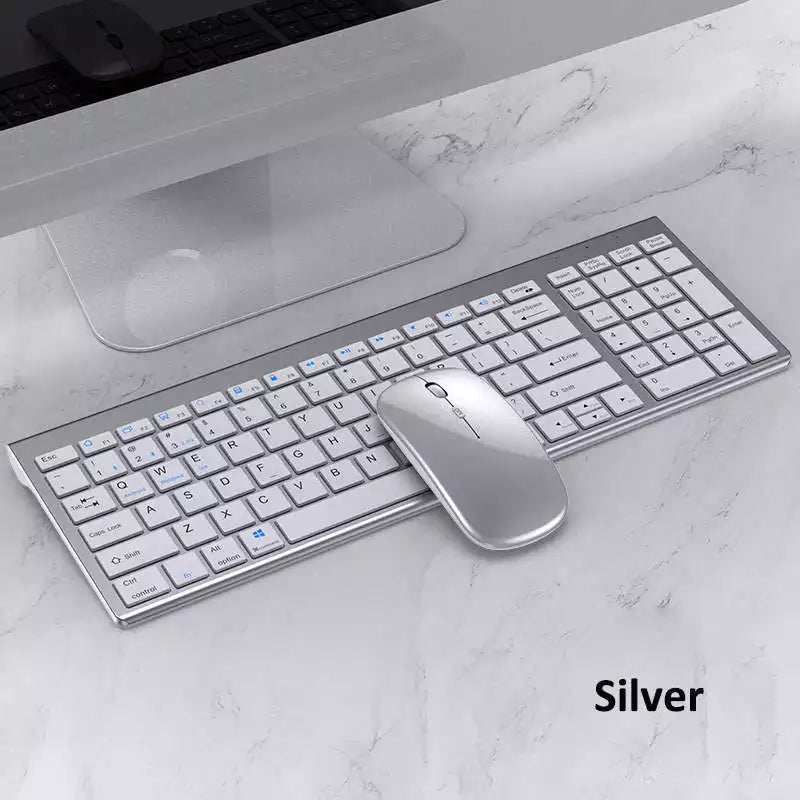 Silver keyboard and mouse set on a marble surface