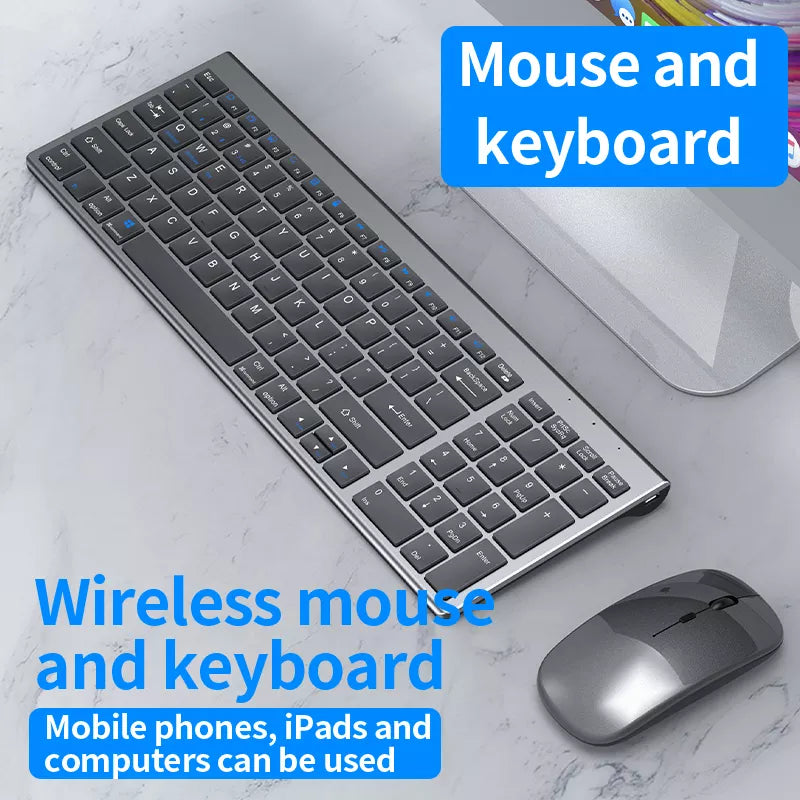 Wireless keyboard and mouse set on a marble surface with text indicating compatibility.
