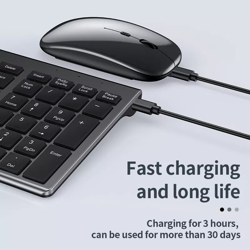 Keyboard and mouse set with text about fast charging and long life on a light gray background