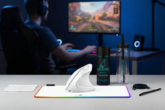 Person playing a video game with gaming accessories on a desk
