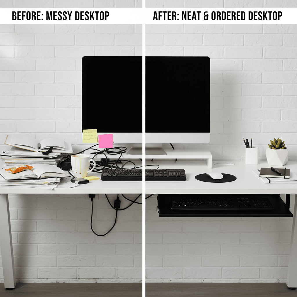 Before and after comparison of a messy and neat desk setup.