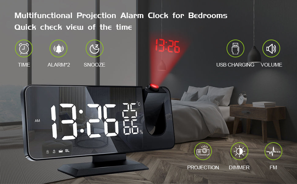 Multifunctional projection alarm clock with digital display in a bedroom setting