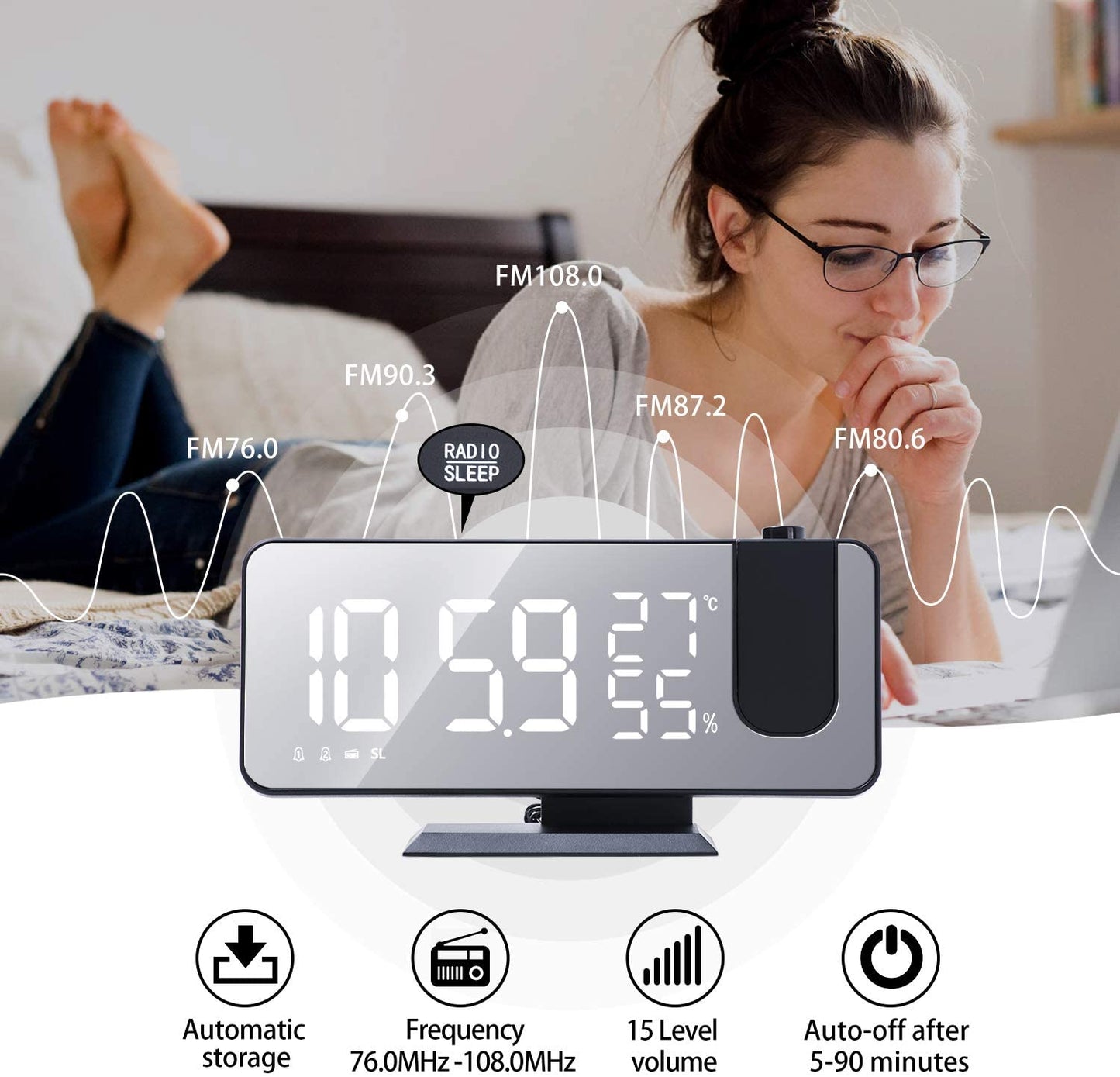 Digital clock with woman in the background, displaying time and radio frequency.