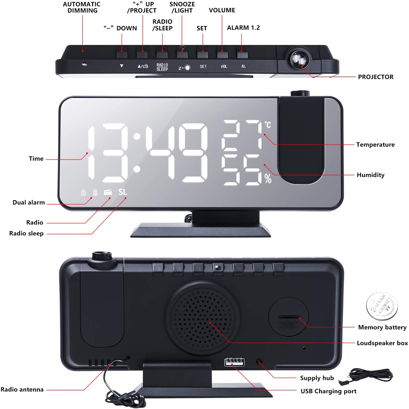 Multifunctional clock with digital display, projector, and various control buttons on a white background.