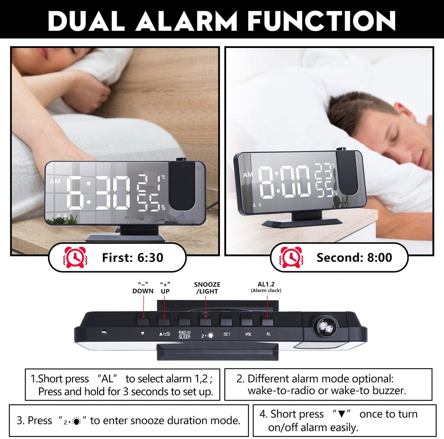 Digital alarm clock with dual alarm function displayed on a white background