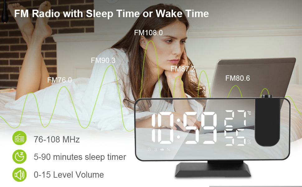 Digital clock with FM radio and sleep timer features, displayed on a screen.