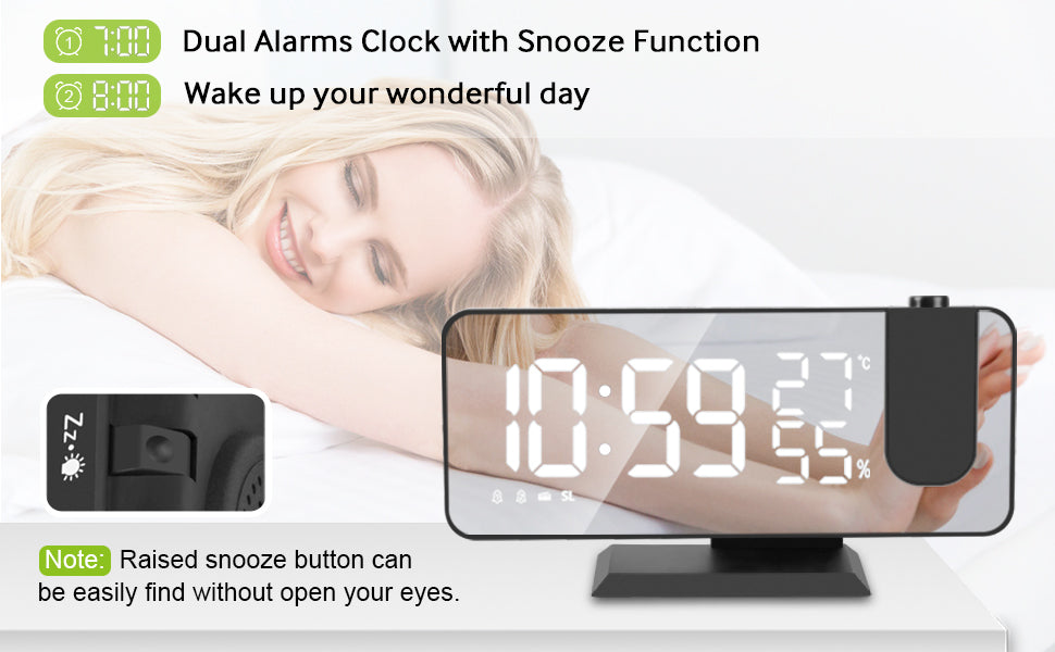 Digital clock with dual alarms and snooze function on a white background