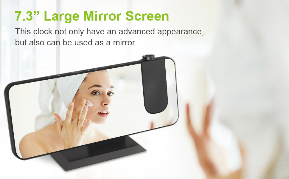 Smart mirror with a large screen displaying a person applying skincare, with text highlighting its features.