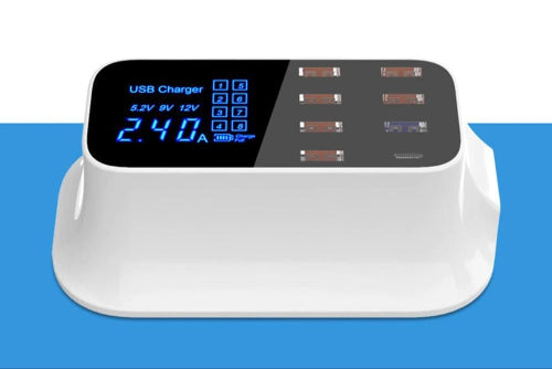 8-port output charger with digital display on a blue background