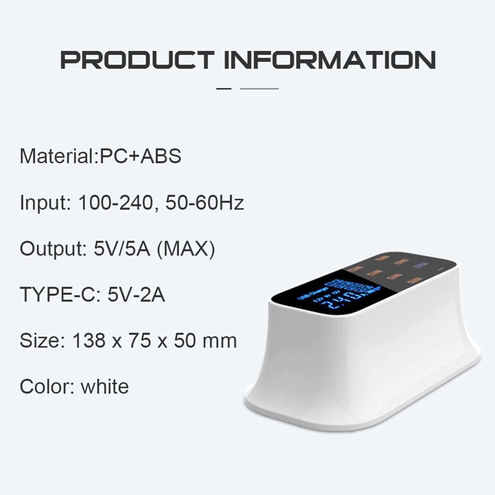 Product information card with a white electronic device on a light gray background