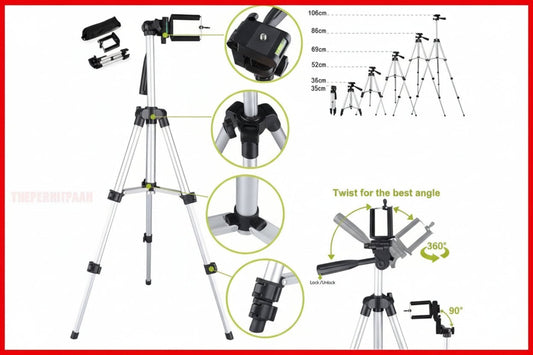 Multifunctional tripod with adjustable angles and smartphone holder on a white background.
