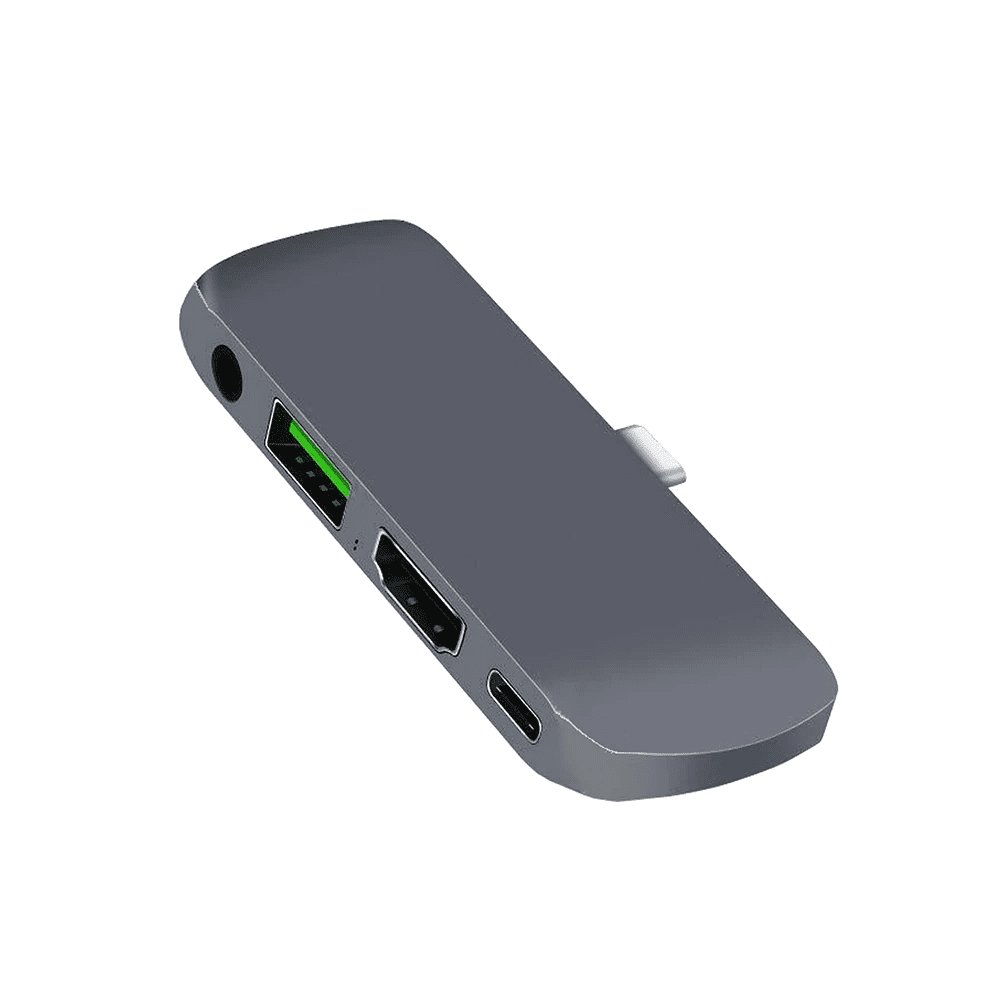 Gray USB hub with multiple ports on a white background