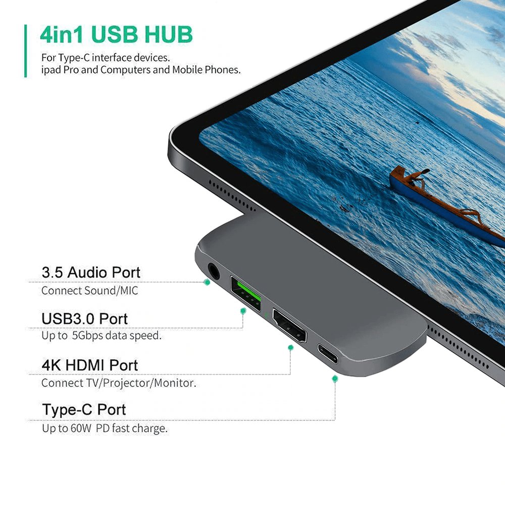 4in1 USB hub with features highlighted on a white background