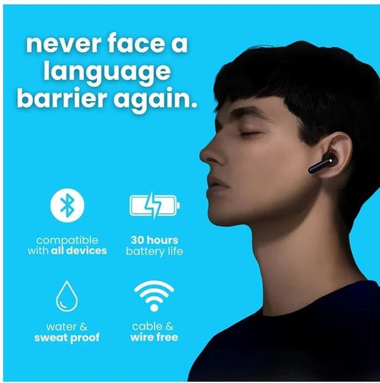 Person wearing wireless earbuds with product features on a blue background