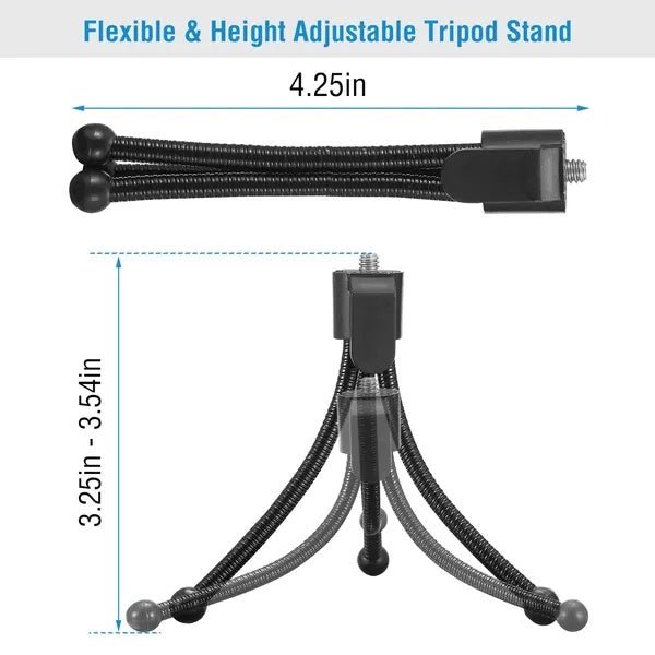 Flexible and height adjustable tripod stand with dimensions on a white background