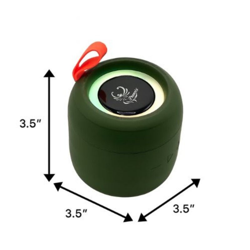 Green portable speaker with a red handle and measurements on a white background
