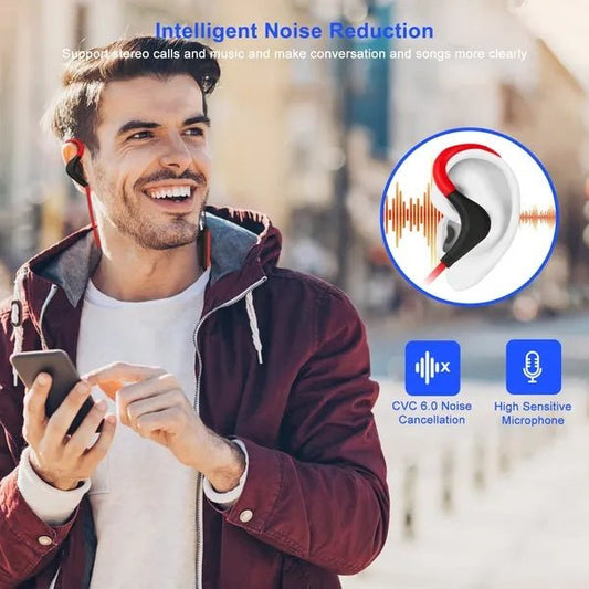 Man using earbuds with smartphone, outdoor setting, Intelligent Noise Reduction text and graphics.