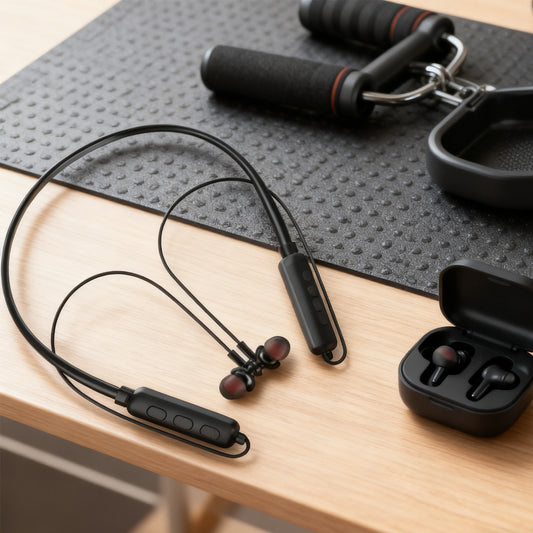 Black wireless earbuds with charging case on a wooden surface