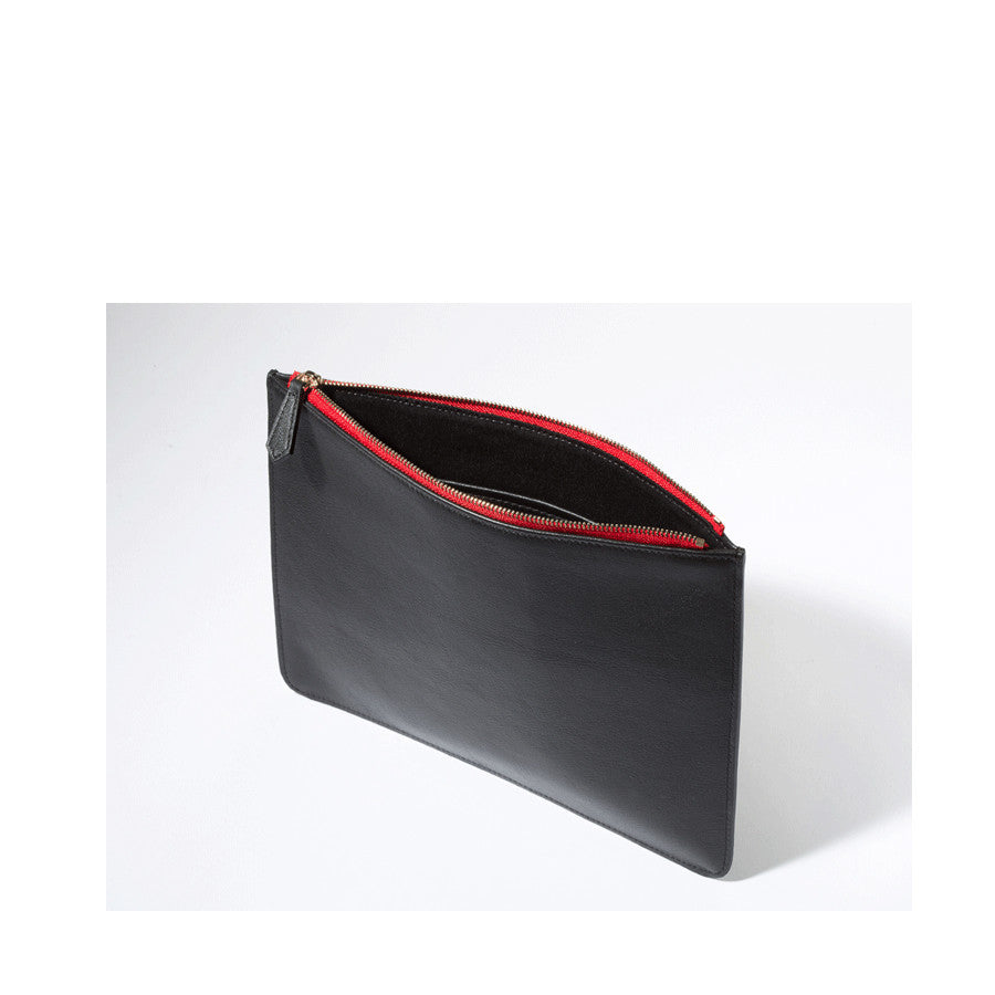 Black pouch with a red zipper on a white background