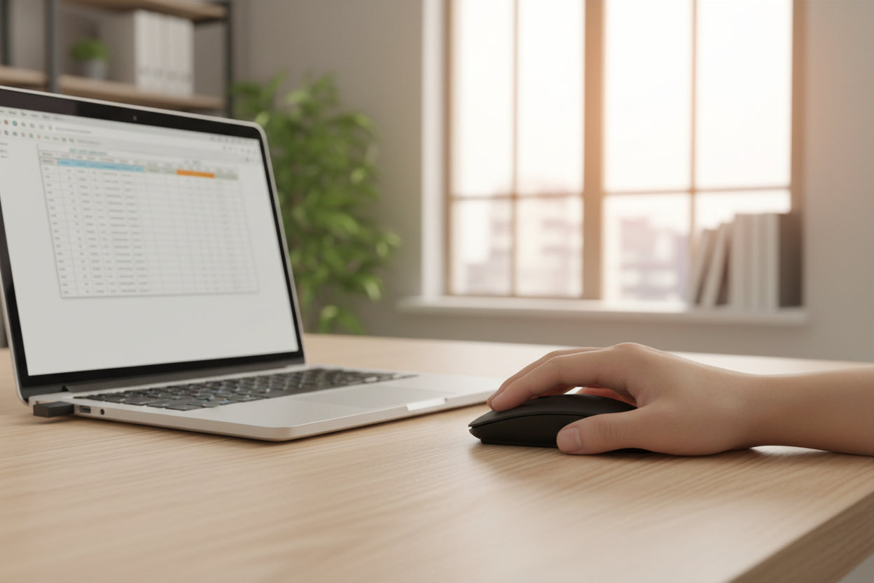 Person using a laptop with a mouse on a desk in a bright room.