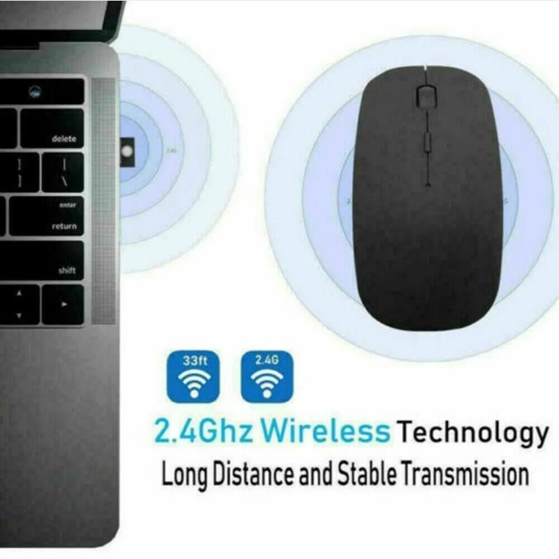 Black Wireless Optical Mouse with laptop and text about 2.4Ghz wireless technology
