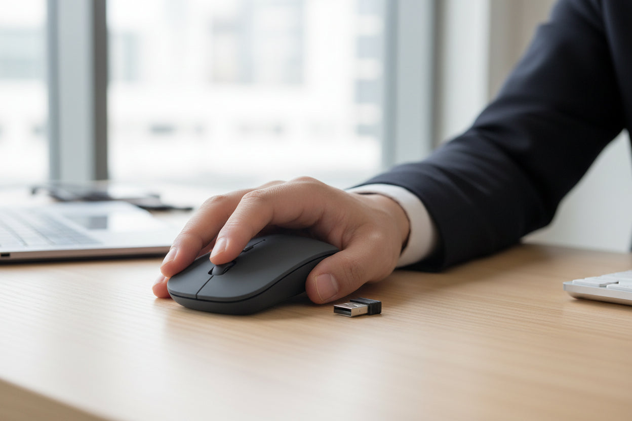 Hand using a computer mouse on a desk with a blurred background