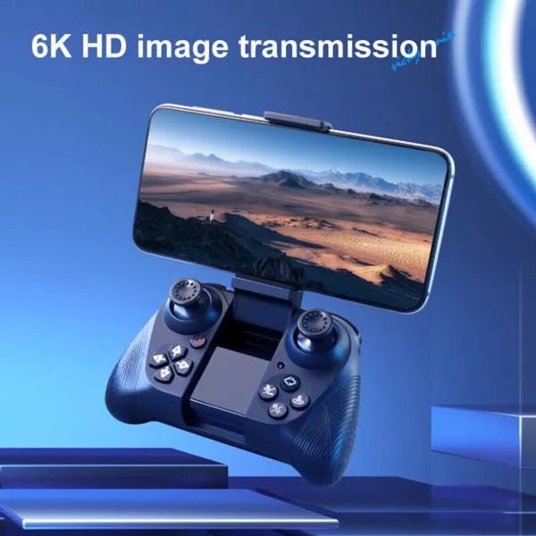 Gaming controller with smartphone displaying 6K HD image transmission on a blue background