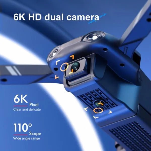 6K HD dual camera with 6K pixel and 110-degree scope on a blue background