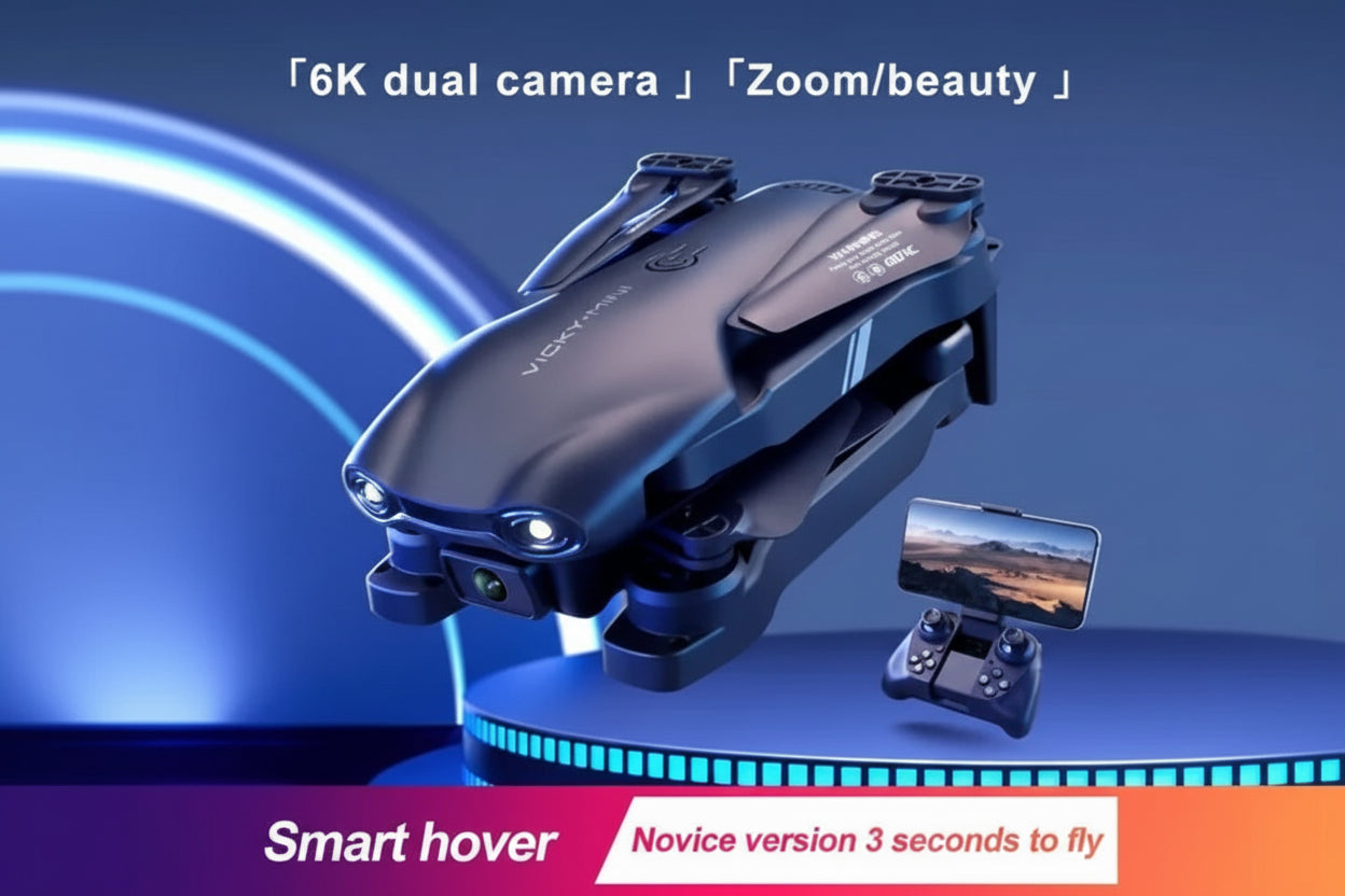 Smart hover device with dual camera and remote control on a blue background