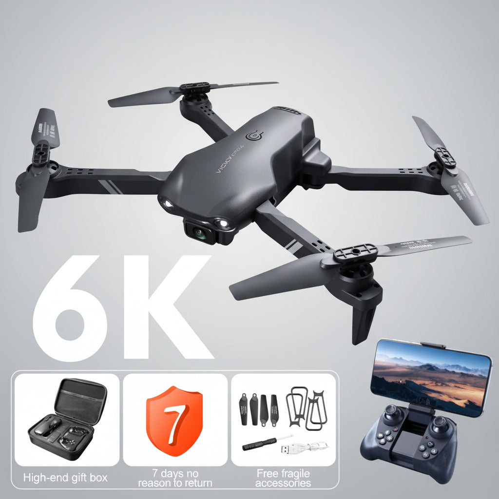 Gray drone with 6K dual camera on a blue background, featuring text about drone features and accessories.
