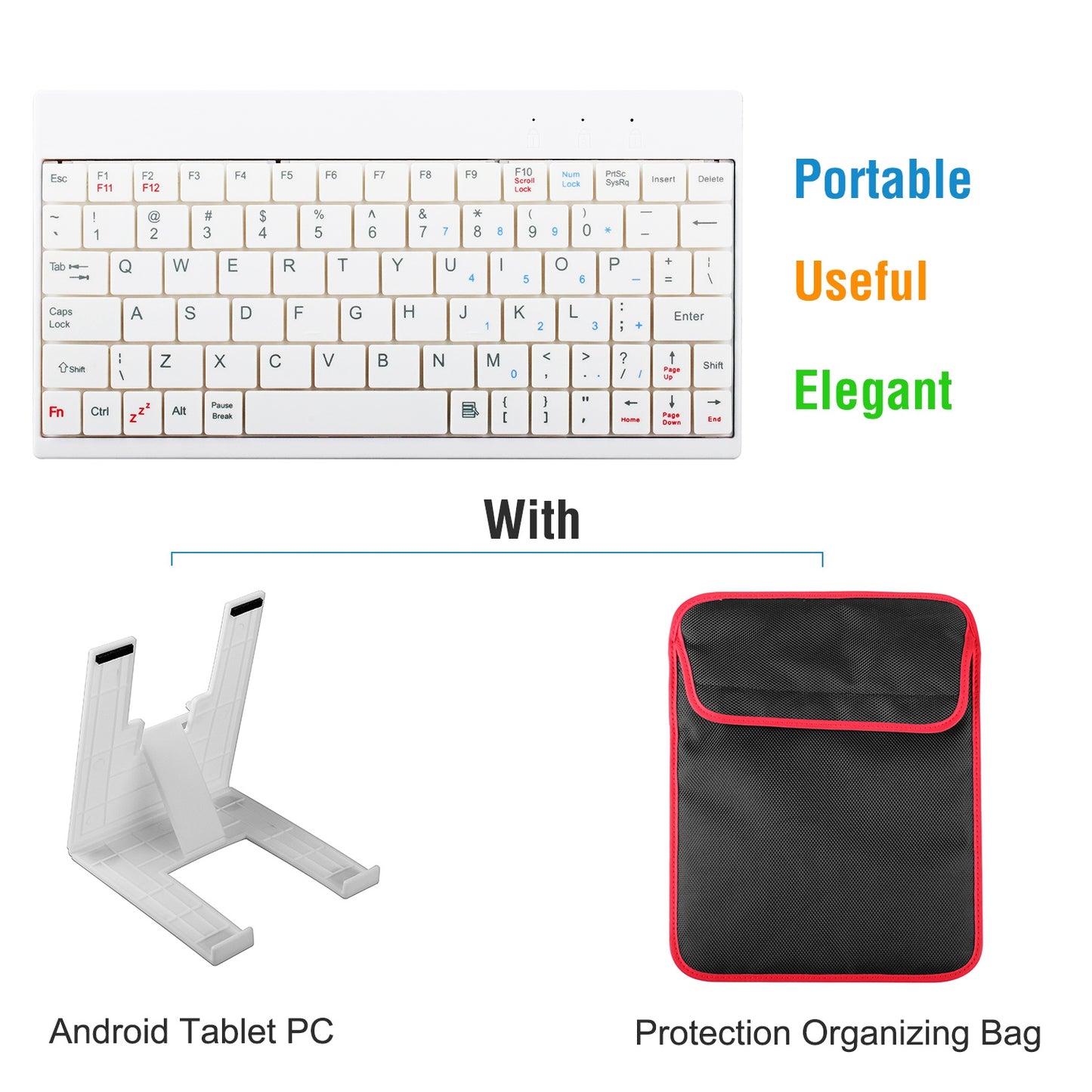White keyboard, stand, and black protective bag on a white background with text describing features.