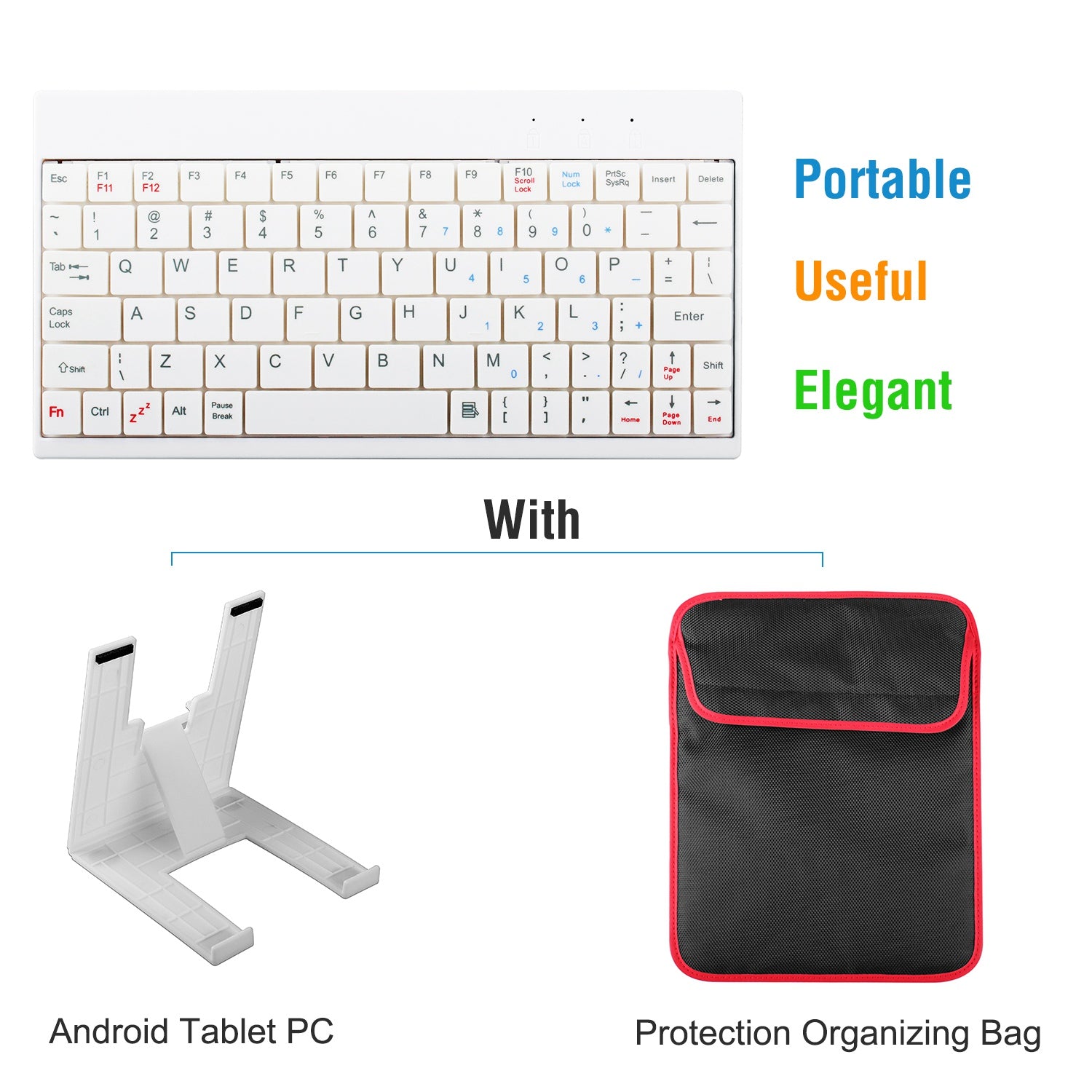 White keyboard, stand, and black protective bag on a white background with text describing features.