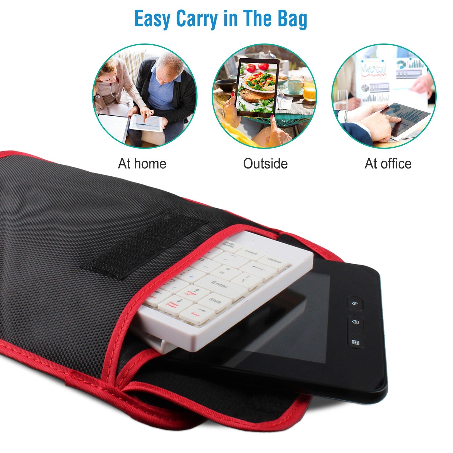 Keyboard and smartphone in a carrying case with usage scenarios at home, outside, and office.