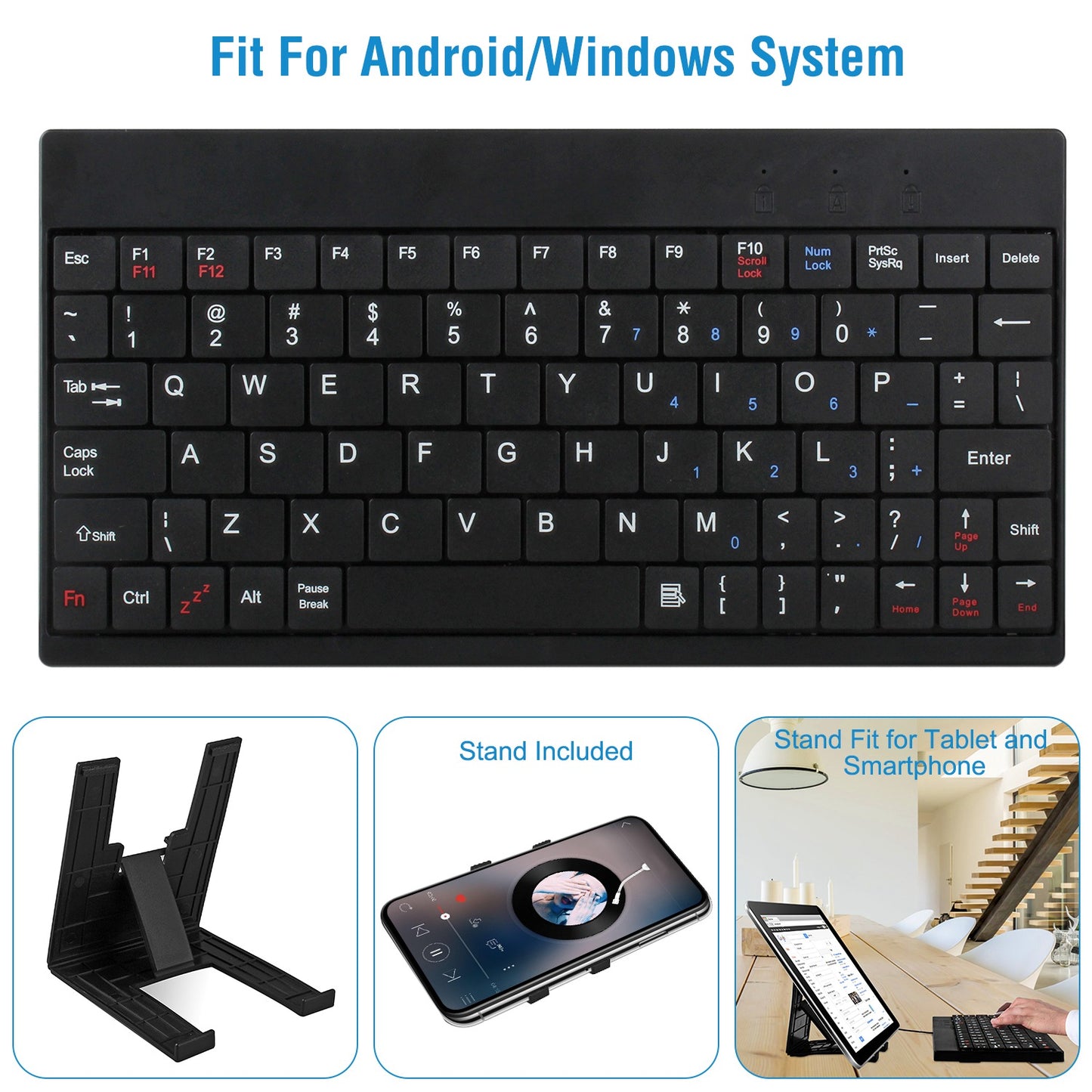 Black keyboard with stand for Android and Windows systems, shown on a white background.