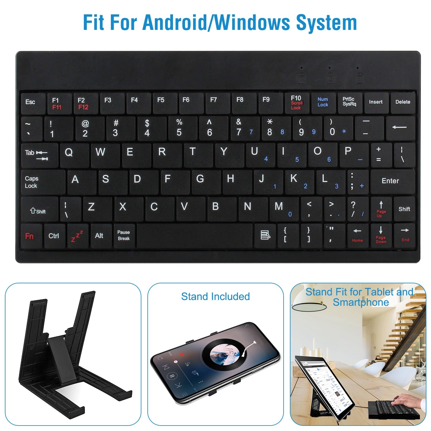 Black keyboard with stand for Android and Windows systems, shown on a white background.