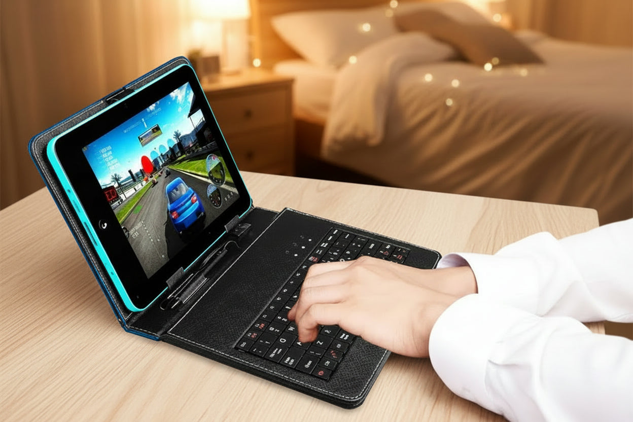 Person using a tablet with a keyboard attachment on a light surface.