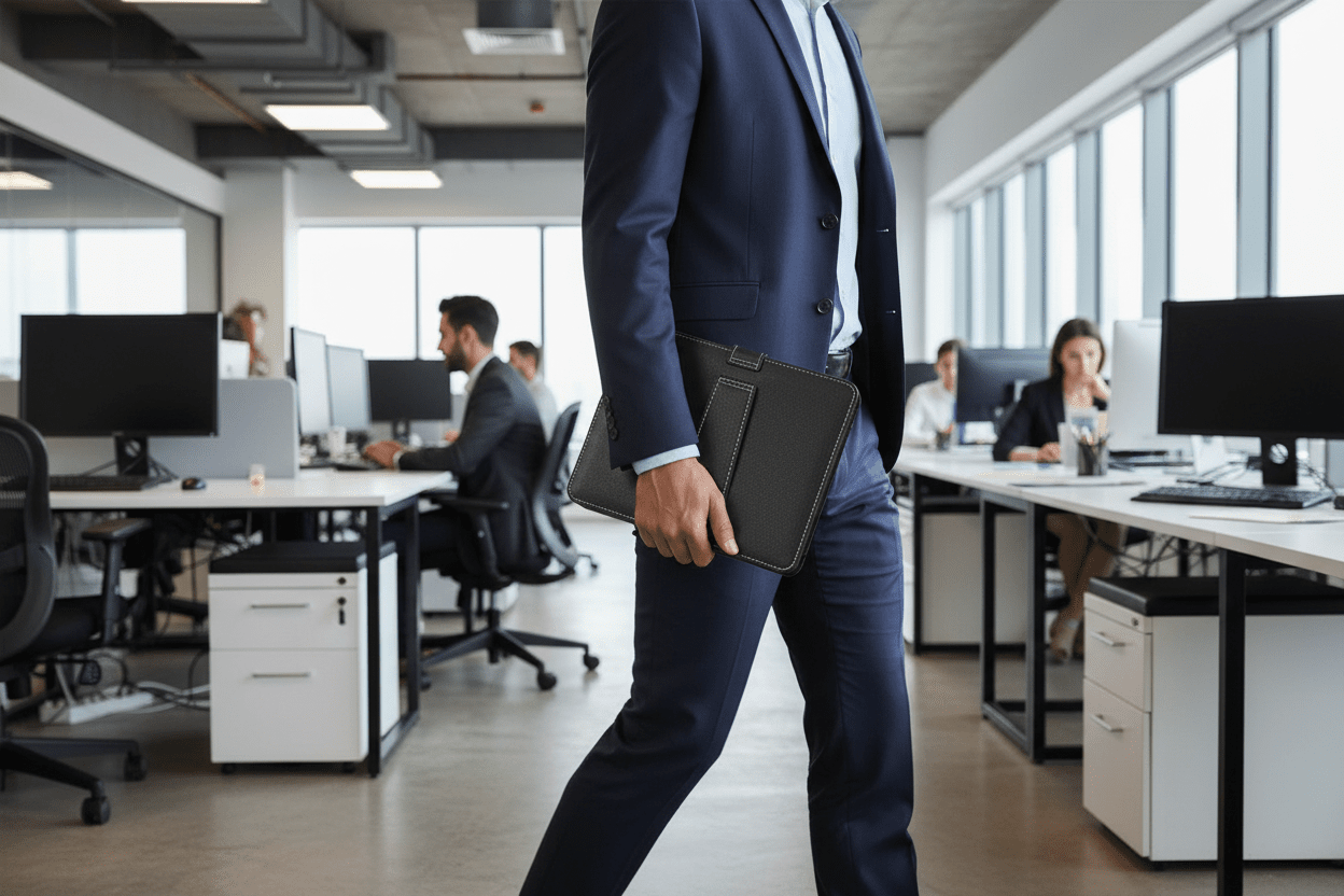 Man in a suit walking through an office with desks and computers.